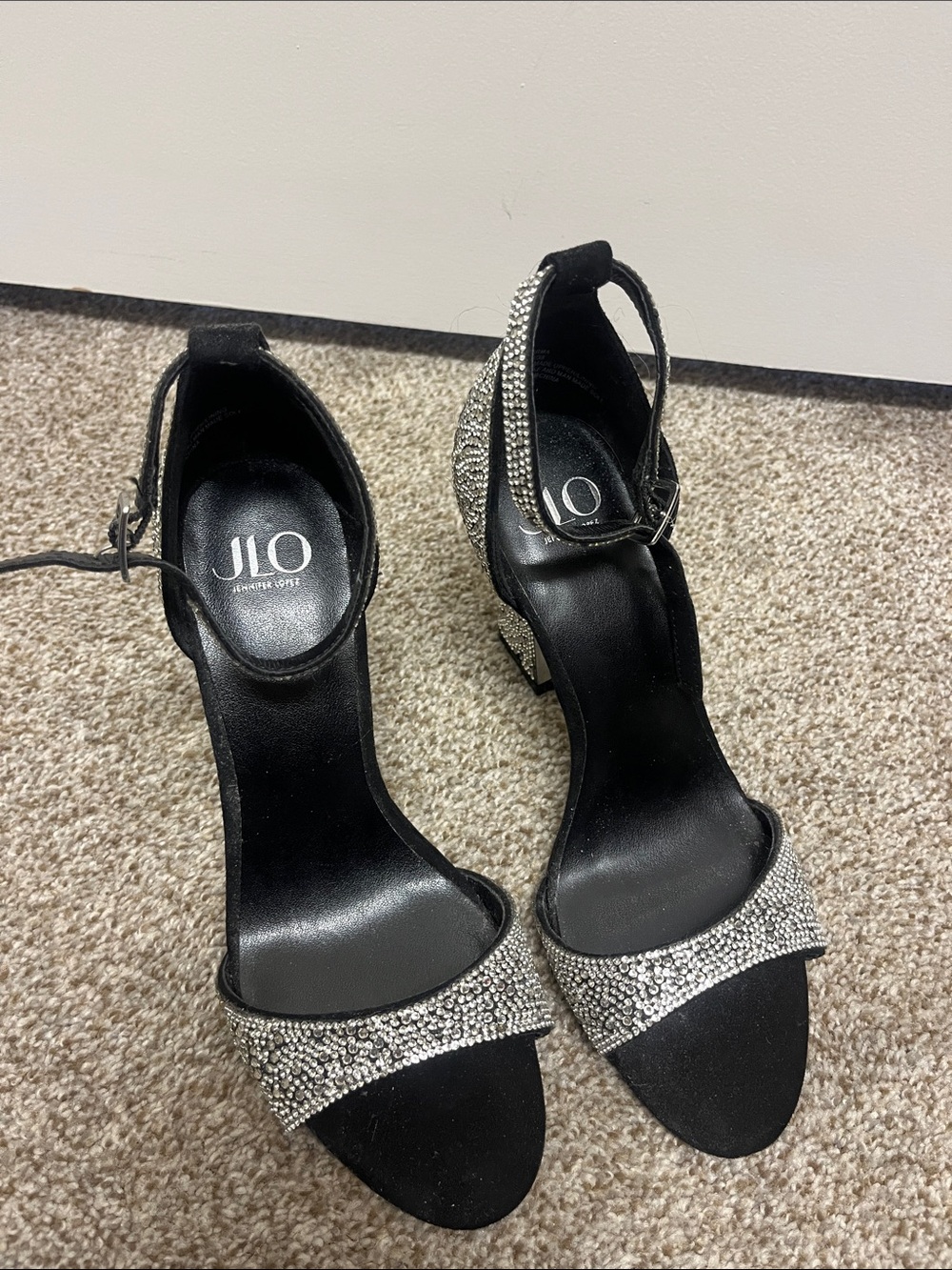 Jennifer Lopez Black and Silver Rhinestone Ankle-Strap Heels